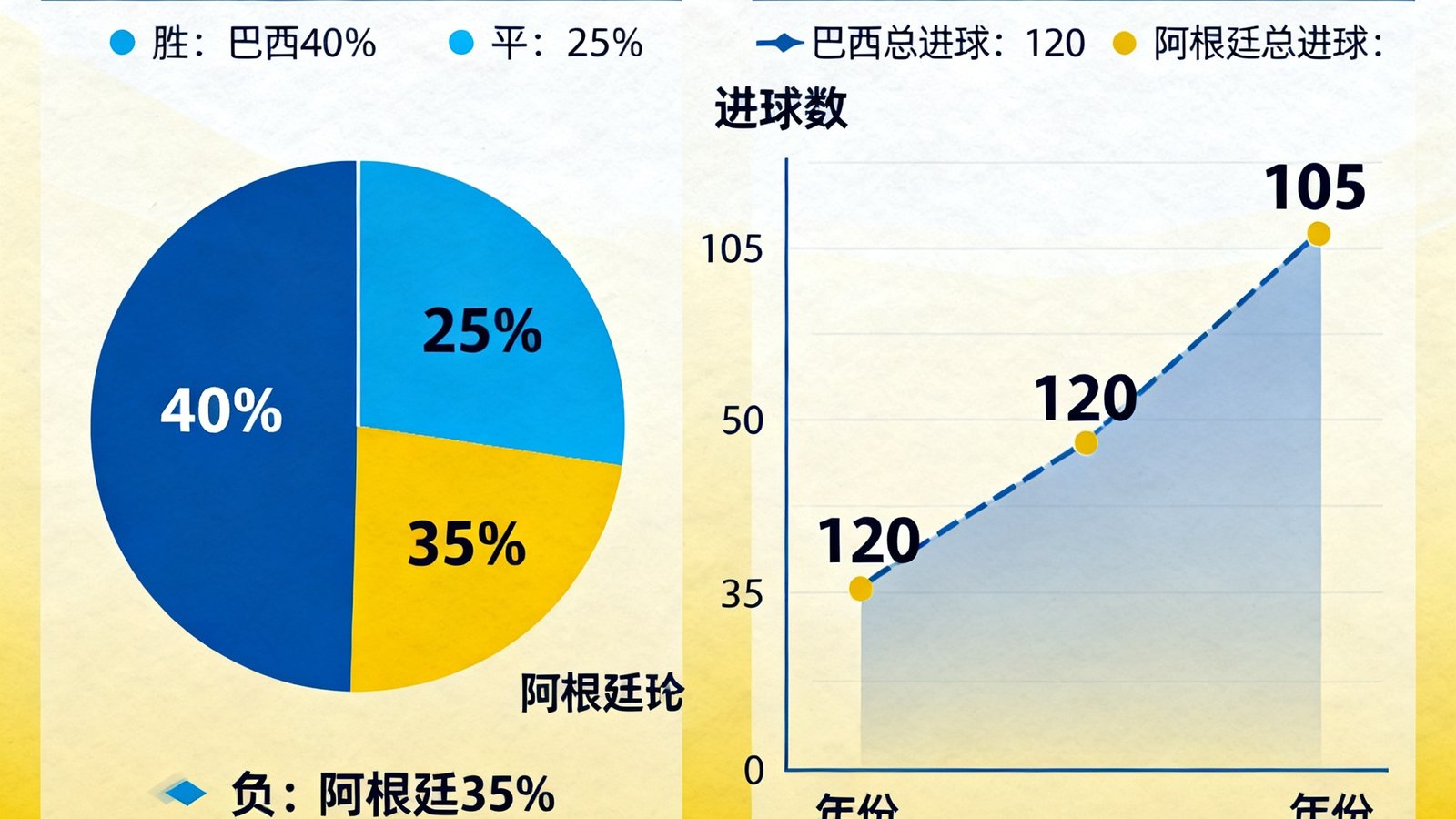巴西与阿根廷历史交锋数据可视化，显示胜平负比例与进球数